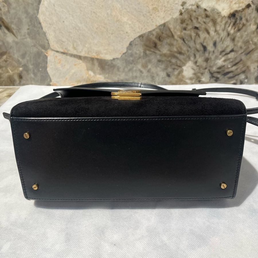 YSL黑牛皮品麂皮Cassandra掀蓋兩用包-4