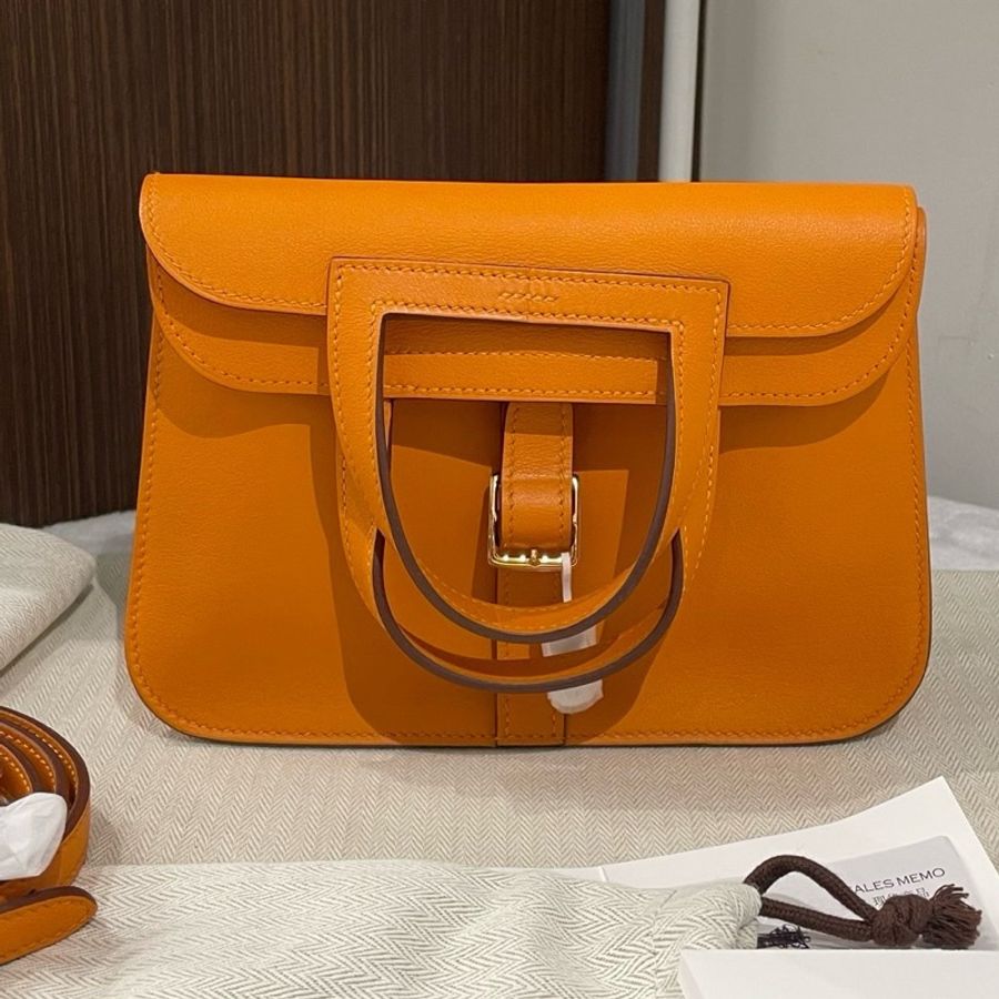 Hermes 愛馬仕 halzan mini 橙色銀扣，C刻Swift皮，底長22/15/6cm 配件防塵袋 有票-0