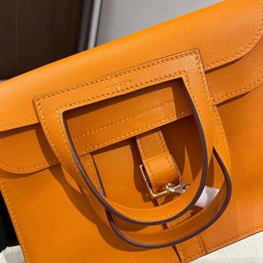 Hermes 愛馬仕 halzan mini 橙色銀扣，C刻Swift皮，底長22/15/6cm 配件防塵袋 有票-9