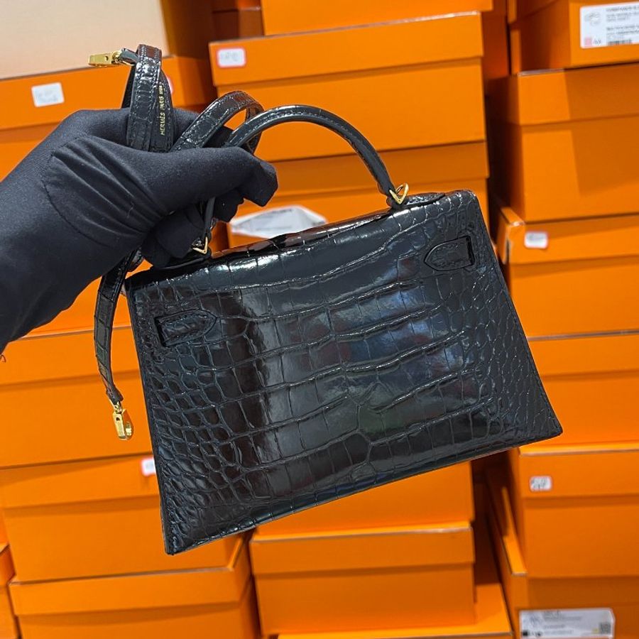 【極致天菜】HERMES MINI KELLY 二代 黑金 鱷魚皮 亮面-2