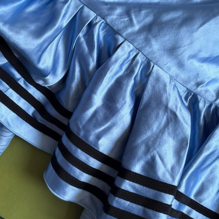 38號 ::Gucci x Adidas:: 聯名藍色桑蠶絲綢半身裙 經典三葉草GUCCI字黑色刺繡標誌-22