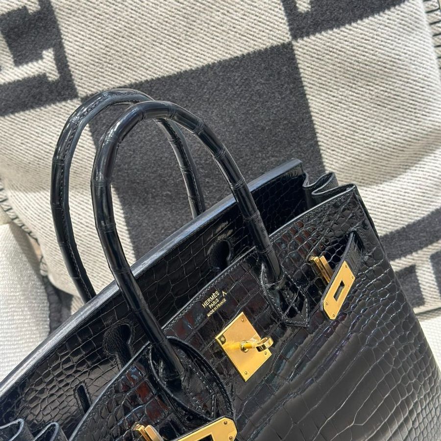 【極致天菜】HERMES 黑金 30CM BIRKIN 倒^鱷 亮面 鱷魚皮-3