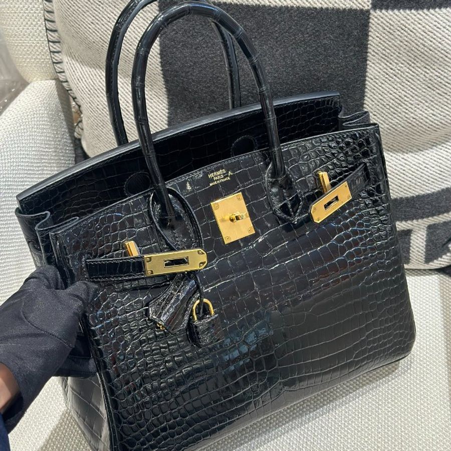 【極致天菜】HERMES 黑金 30CM BIRKIN 倒^鱷 亮面 鱷魚皮-5