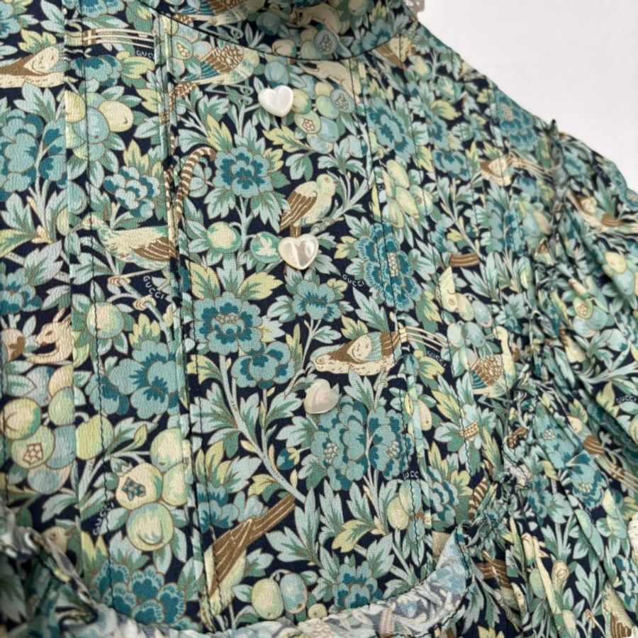 38號 ::GUCCI:: 綠色滿版碎花愛心鈕扣長袖洋裝 Blue Liberty Floral Print Cotton Crepe Maxi Dress S-12