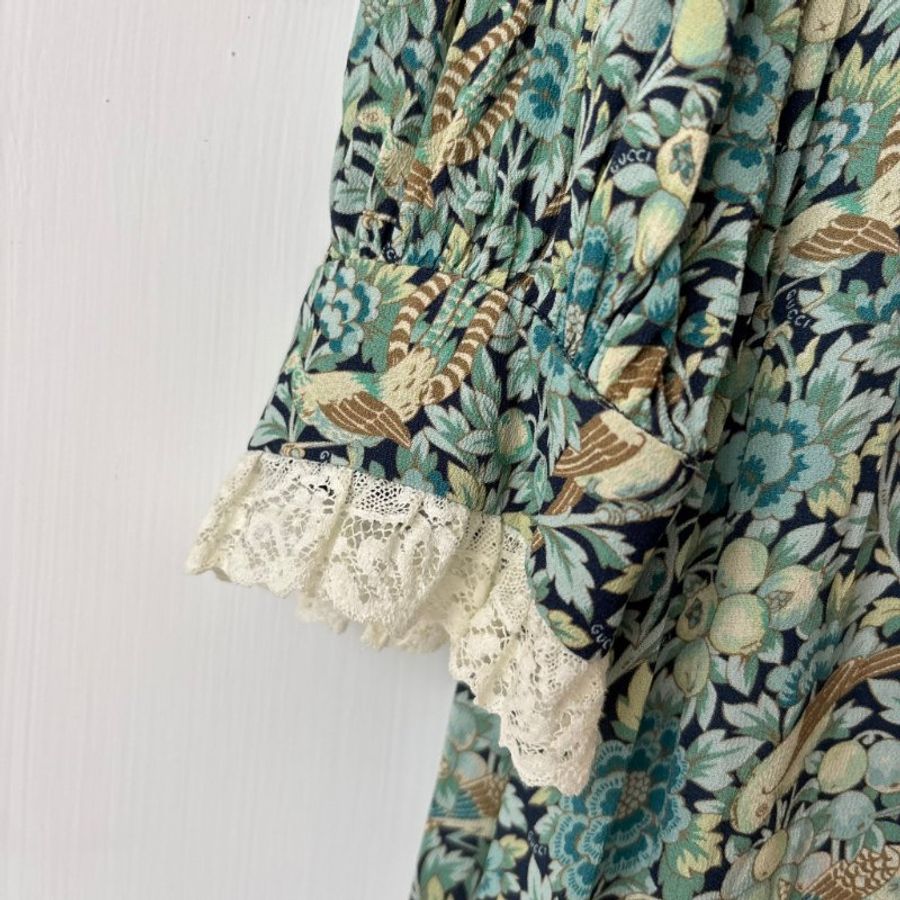38號 ::GUCCI:: 綠色滿版碎花愛心鈕扣長袖洋裝 Blue Liberty Floral Print Cotton Crepe Maxi Dress S-13