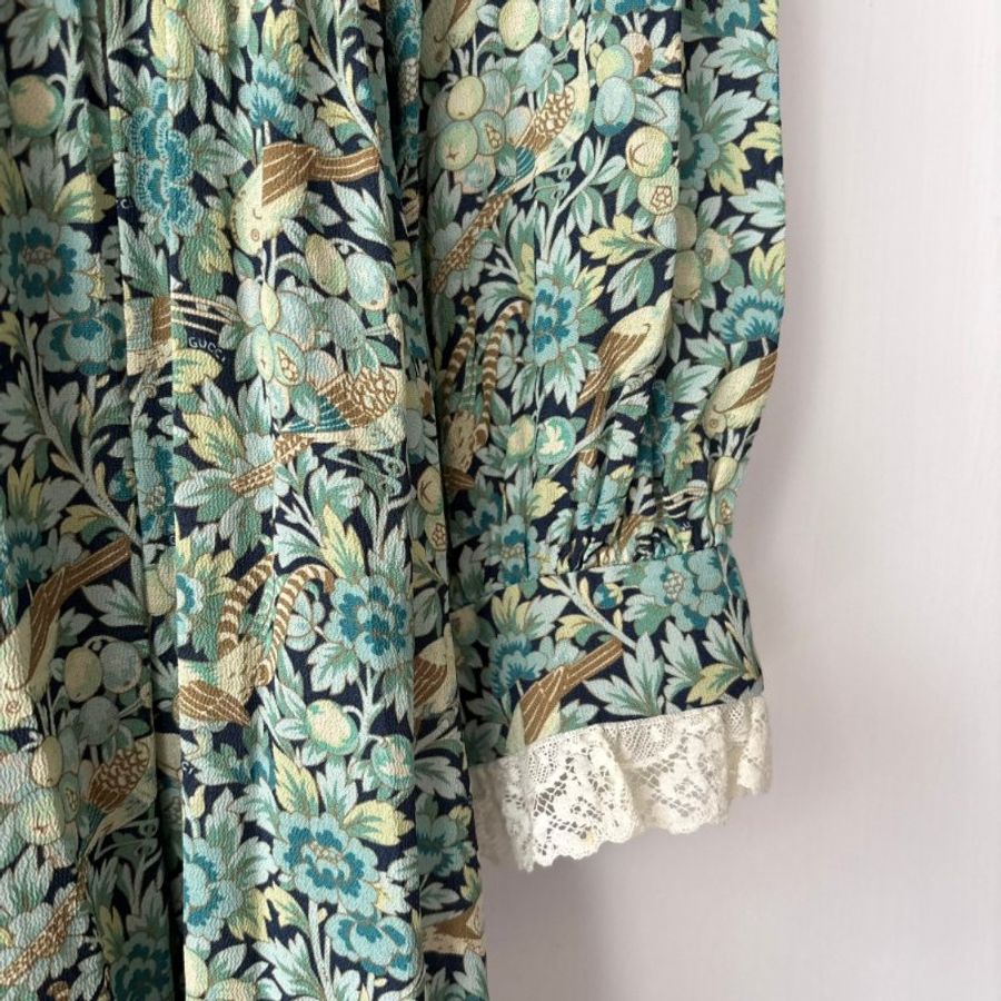 38號 ::GUCCI:: 綠色滿版碎花愛心鈕扣長袖洋裝 Blue Liberty Floral Print Cotton Crepe Maxi Dress S-14