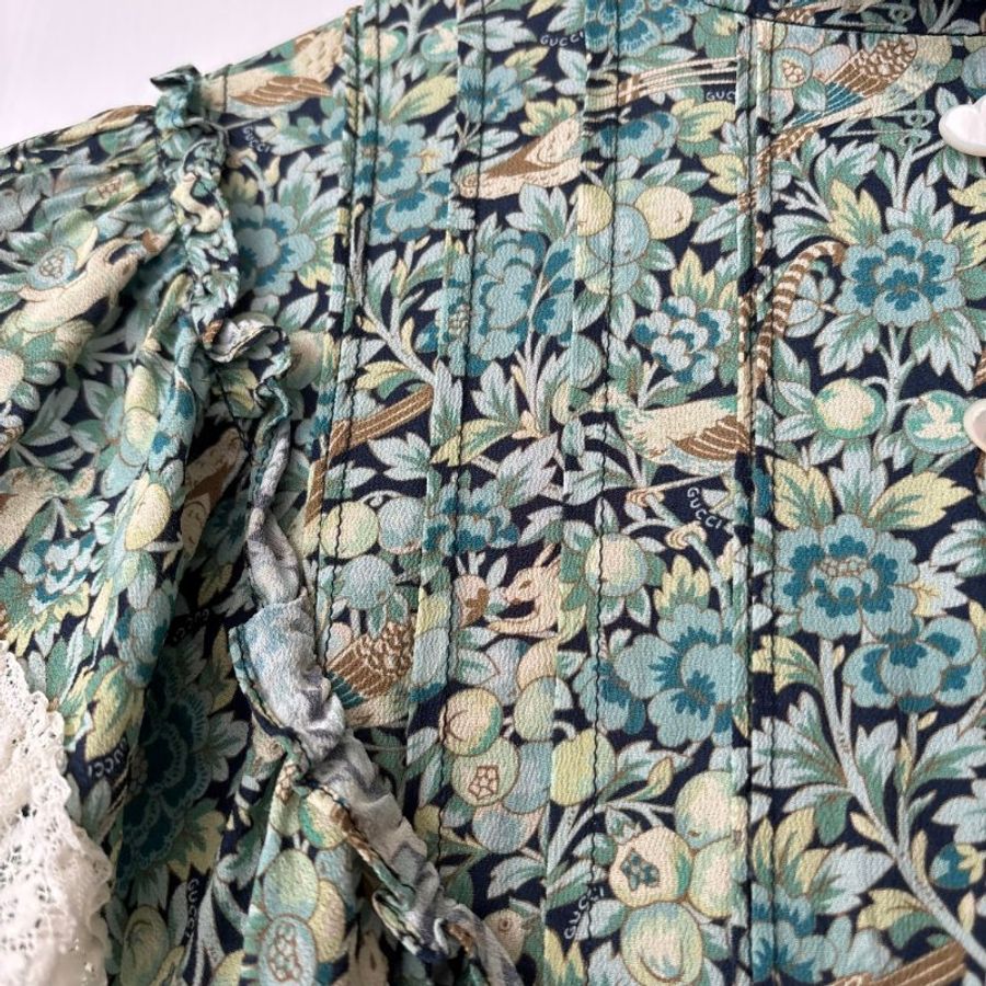 38號 ::GUCCI:: 綠色滿版碎花愛心鈕扣長袖洋裝 Blue Liberty Floral Print Cotton Crepe Maxi Dress S-15