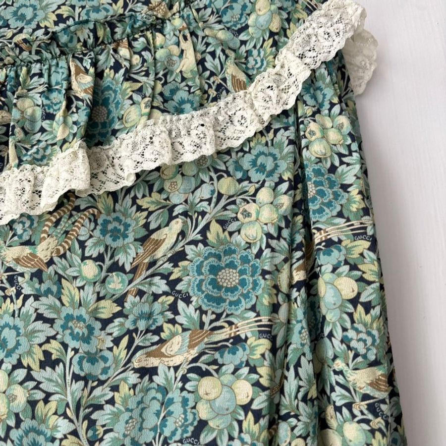 38號 ::GUCCI:: 綠色滿版碎花愛心鈕扣長袖洋裝 Blue Liberty Floral Print Cotton Crepe Maxi Dress S-20