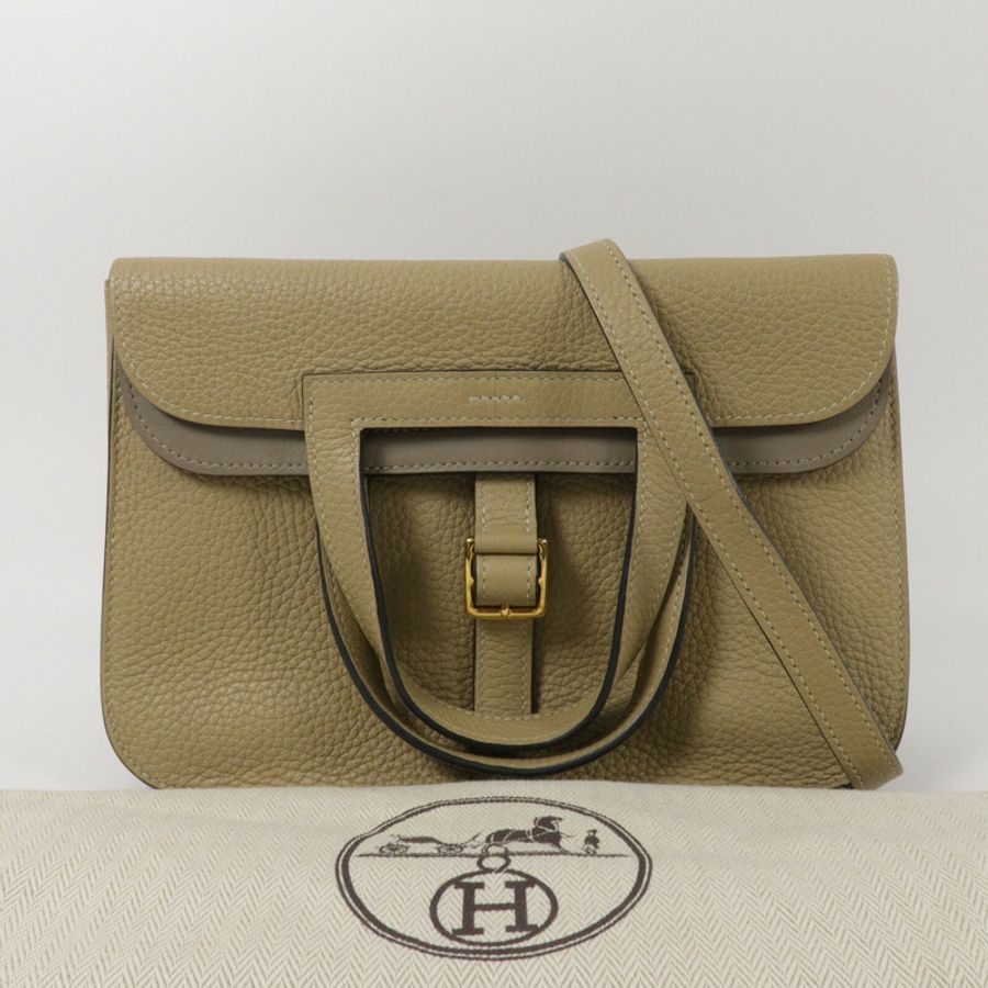 HERMES Clemence皮革/Swift皮革Halzan 25手挽肩背兩用袋Trench/Etoupe-9