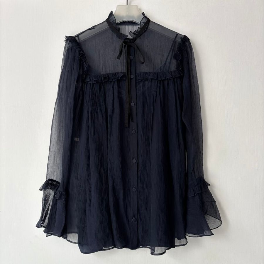 38號 ::韓韶禧 同款:: GUCCI:: 桑蠶絲深藍色透紗兩件式襯衫 Rruffle-detail silk chiffon shirt-0