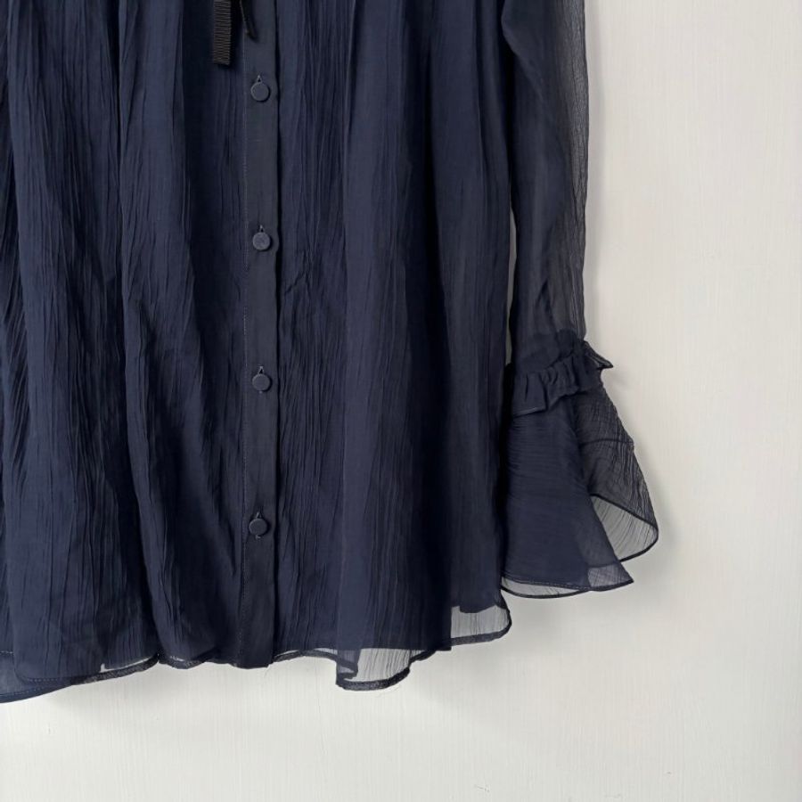 38號 ::韓韶禧 同款:: GUCCI:: 桑蠶絲深藍色透紗兩件式襯衫 Rruffle-detail silk chiffon shirt-3