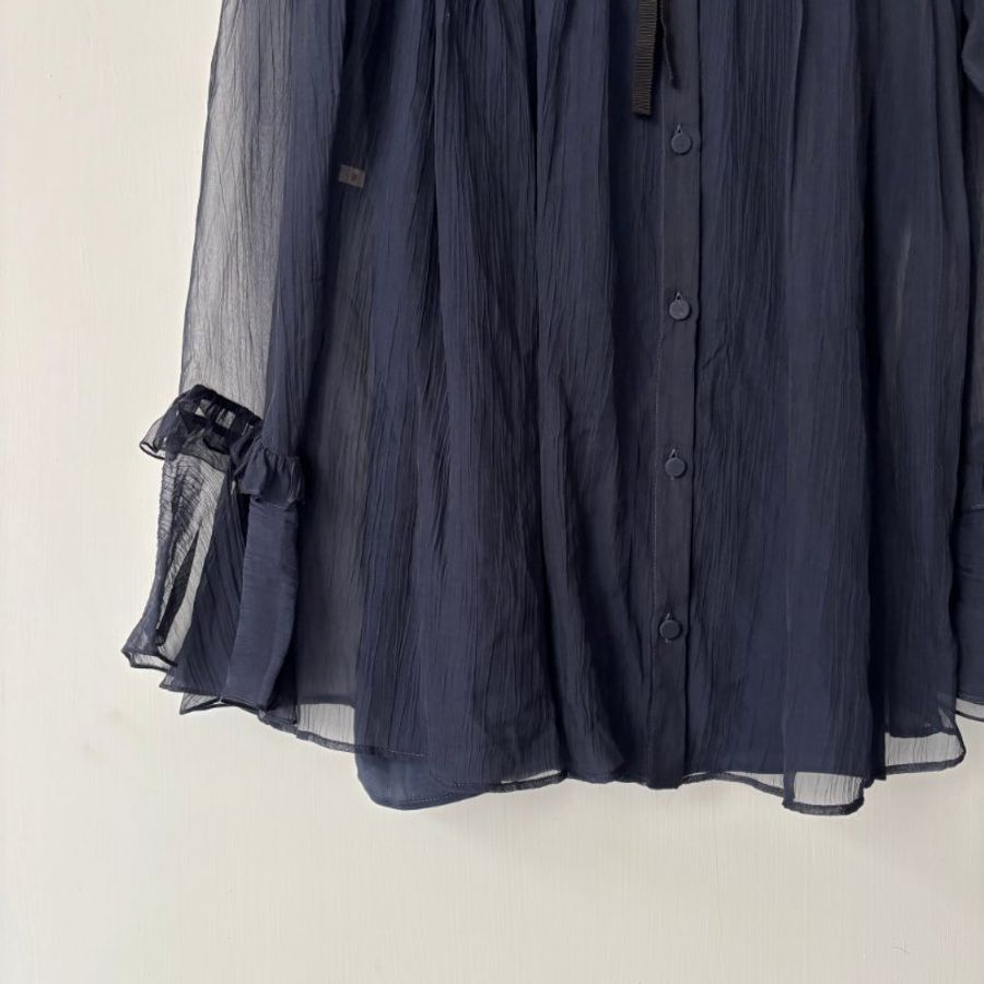 38號 ::韓韶禧 同款:: GUCCI:: 桑蠶絲深藍色透紗兩件式襯衫 Rruffle-detail silk chiffon shirt-4