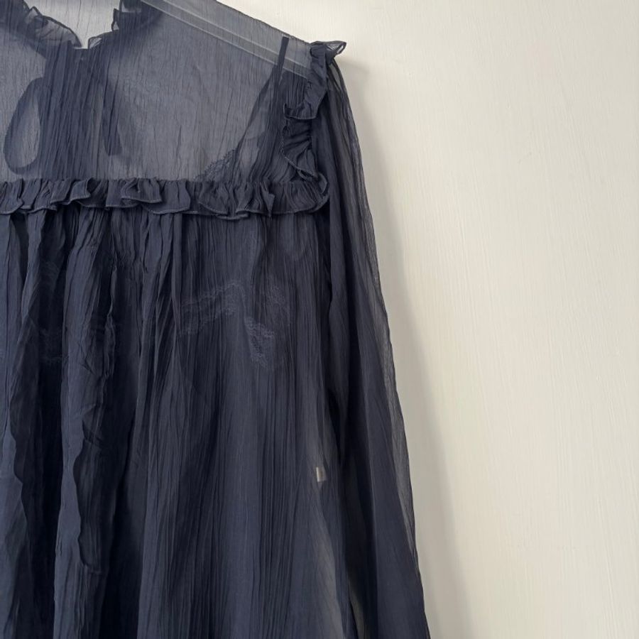 38號 ::韓韶禧 同款:: GUCCI:: 桑蠶絲深藍色透紗兩件式襯衫 Rruffle-detail silk chiffon shirt-9