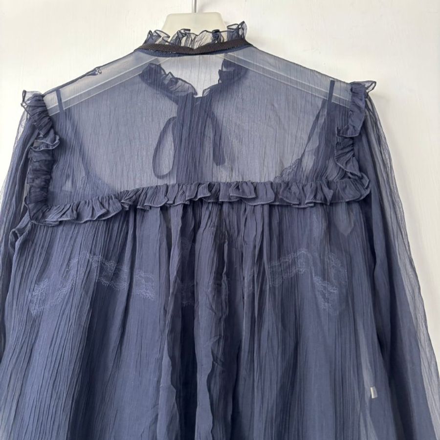 38號 ::韓韶禧 同款:: GUCCI:: 桑蠶絲深藍色透紗兩件式襯衫 Rruffle-detail silk chiffon shirt-10