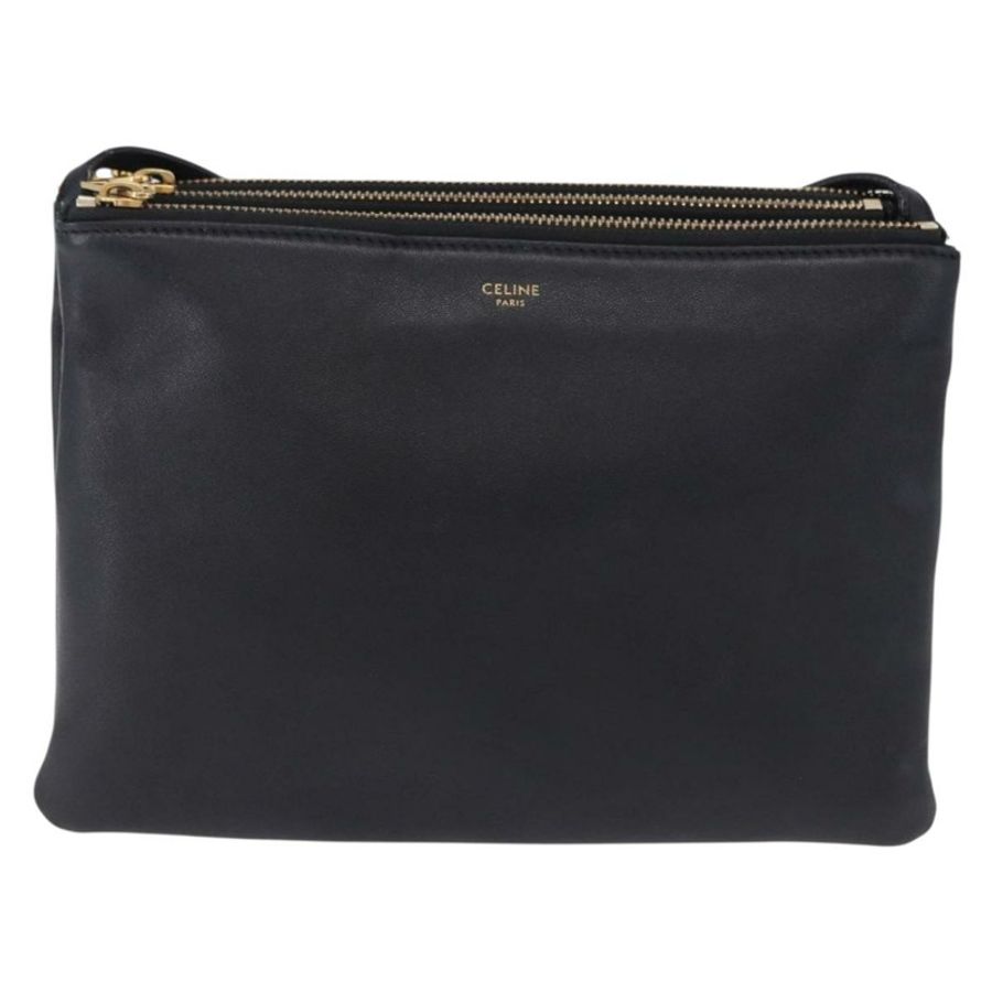 【日本直送】CELINE Trio 大單肩包,黑色皮革,金色飾邊,正品 ki6732V-12