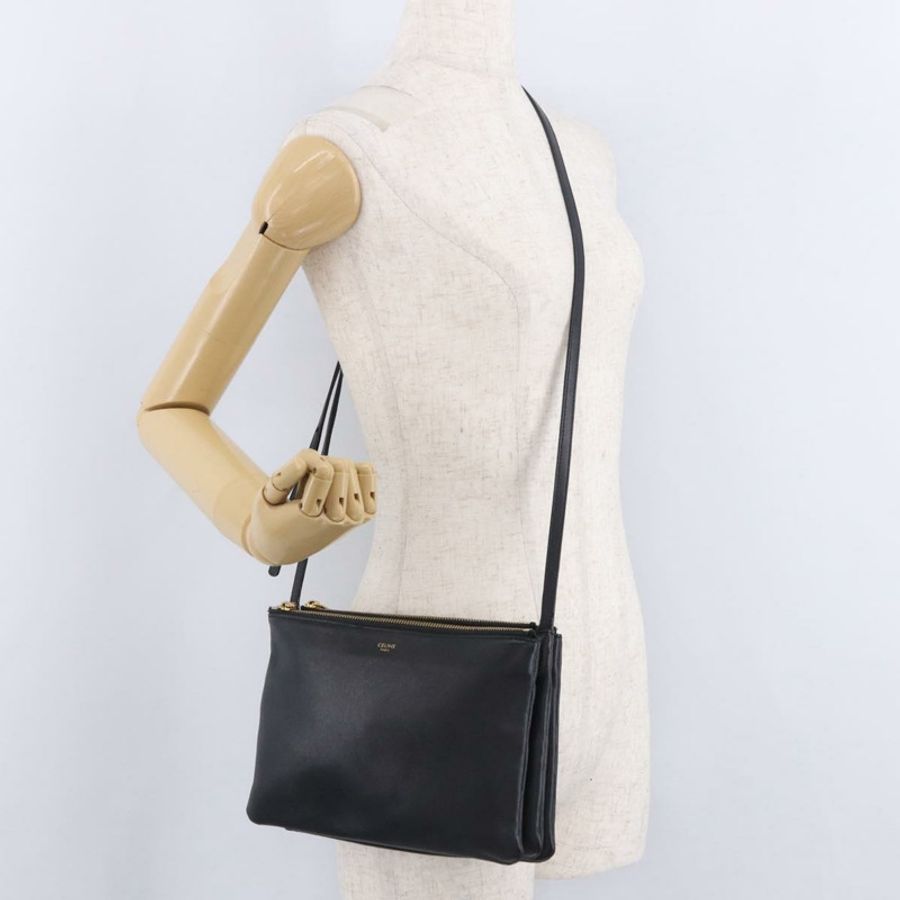 【日本直送】CELINE Trio 大單肩包,黑色皮革,金色飾邊,正品 ki6732V-26