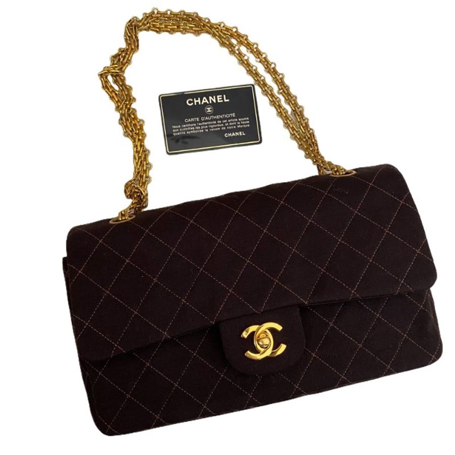 Chanel香奈兒菱格紋雙C 布面金棕CF鏈條包-16