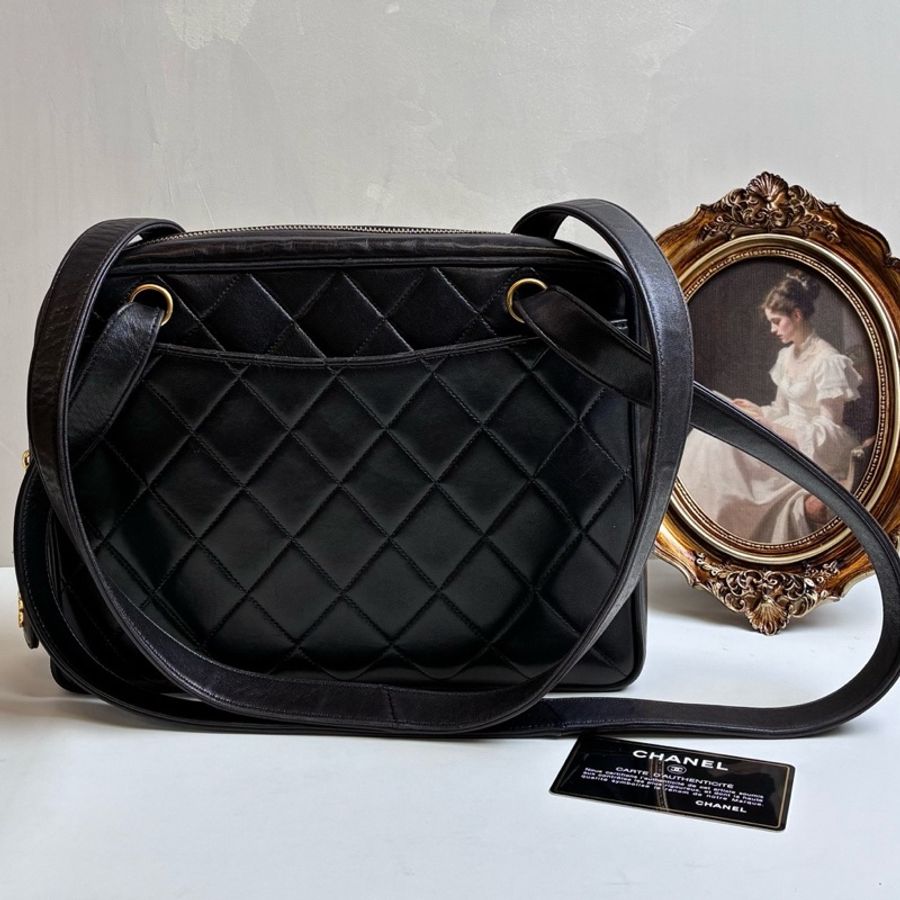 Chanel/香奈兒 黑金菱格全皮單肩包 羊皮材質 有保卡-0