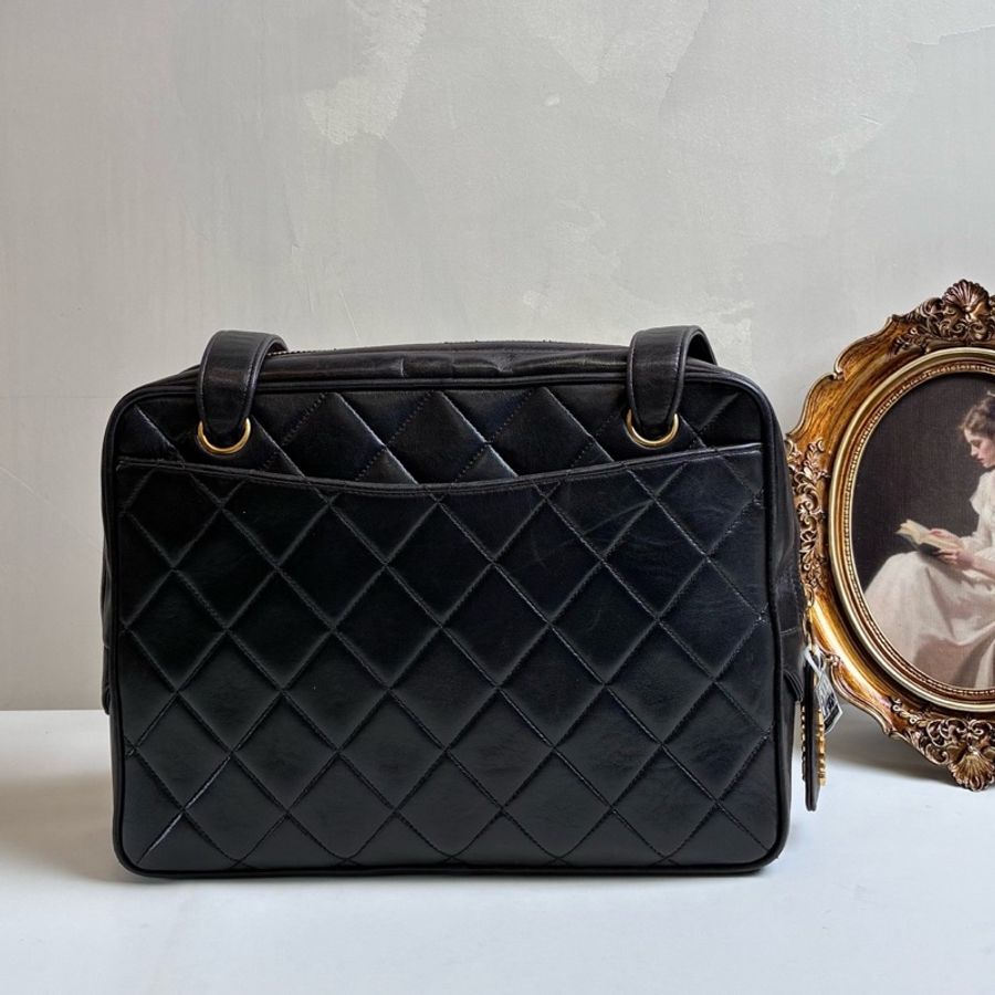 Chanel/香奈兒 黑金菱格全皮單肩包 羊皮材質 有保卡-2