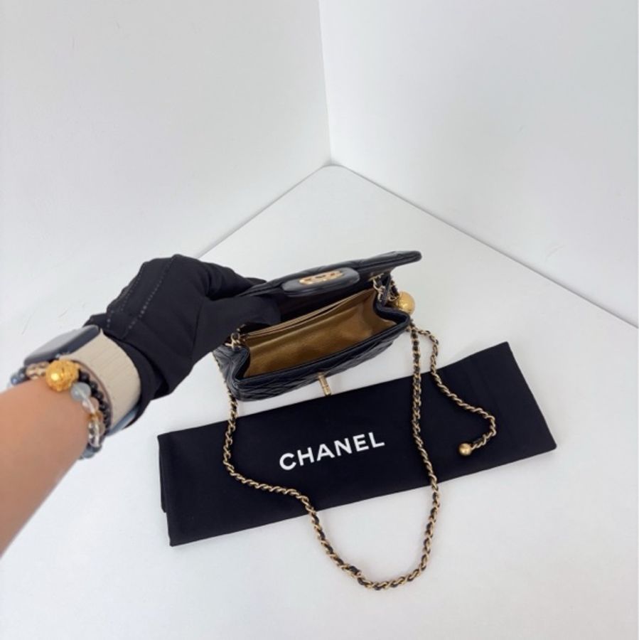 Chanel香奈儿 黑金菱格纹羊皮金球方胖子链条斜挎包13*18cm-8