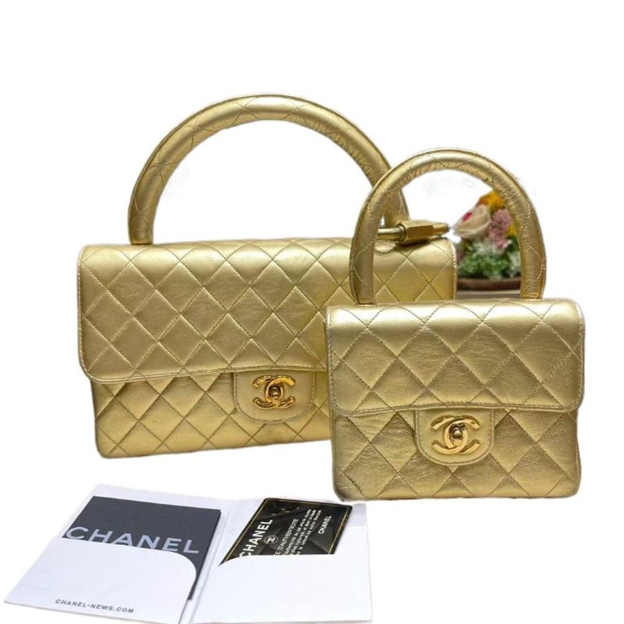 Chanel香奈兒雙C扣金色手提晚宴包子母包-15