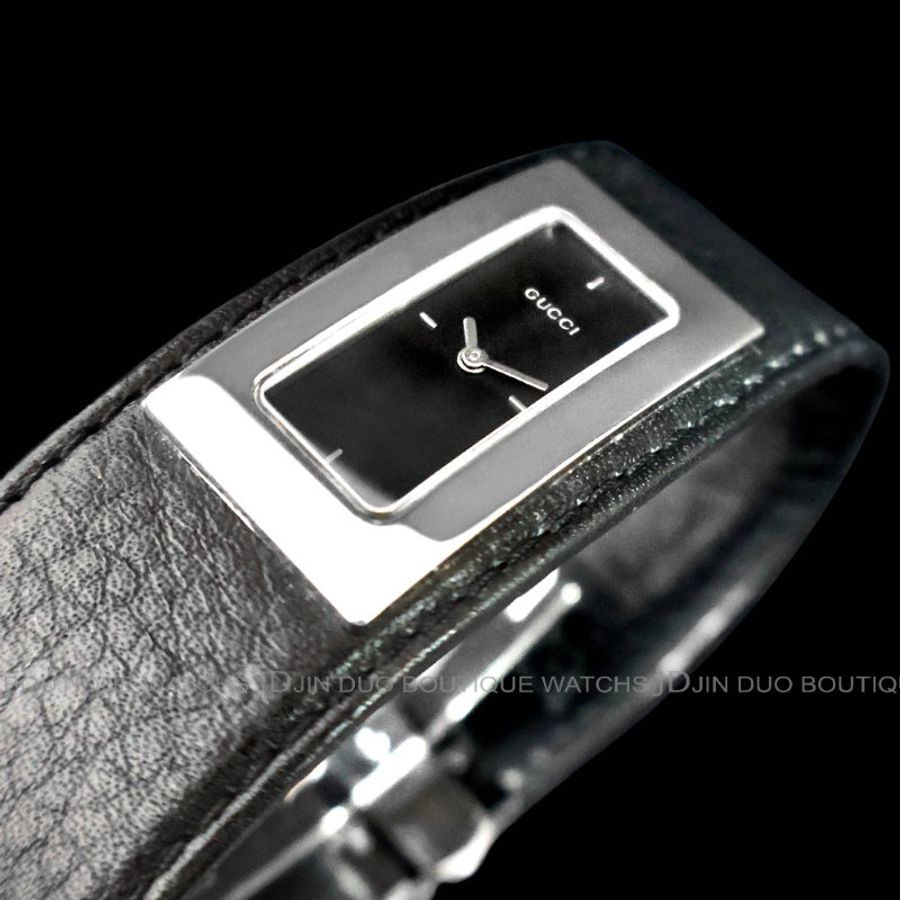 金鐸精品~2553 GUCCI古馳7800S系列長方形黑色皮環式石英女用腕錶-6