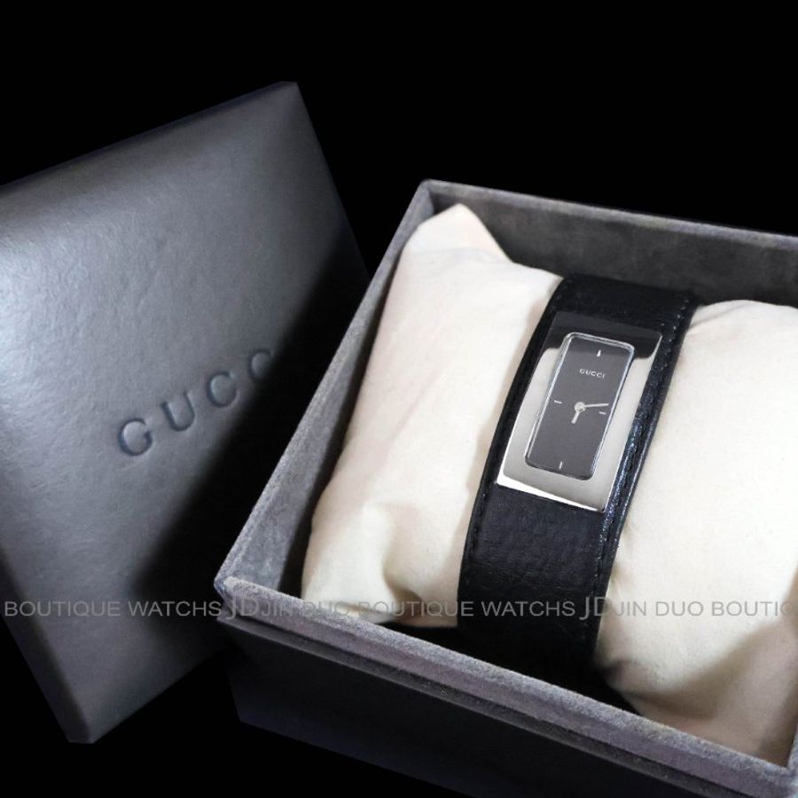 金鐸精品~2553 GUCCI古馳7800S系列長方形黑色皮環式石英女用腕錶-7