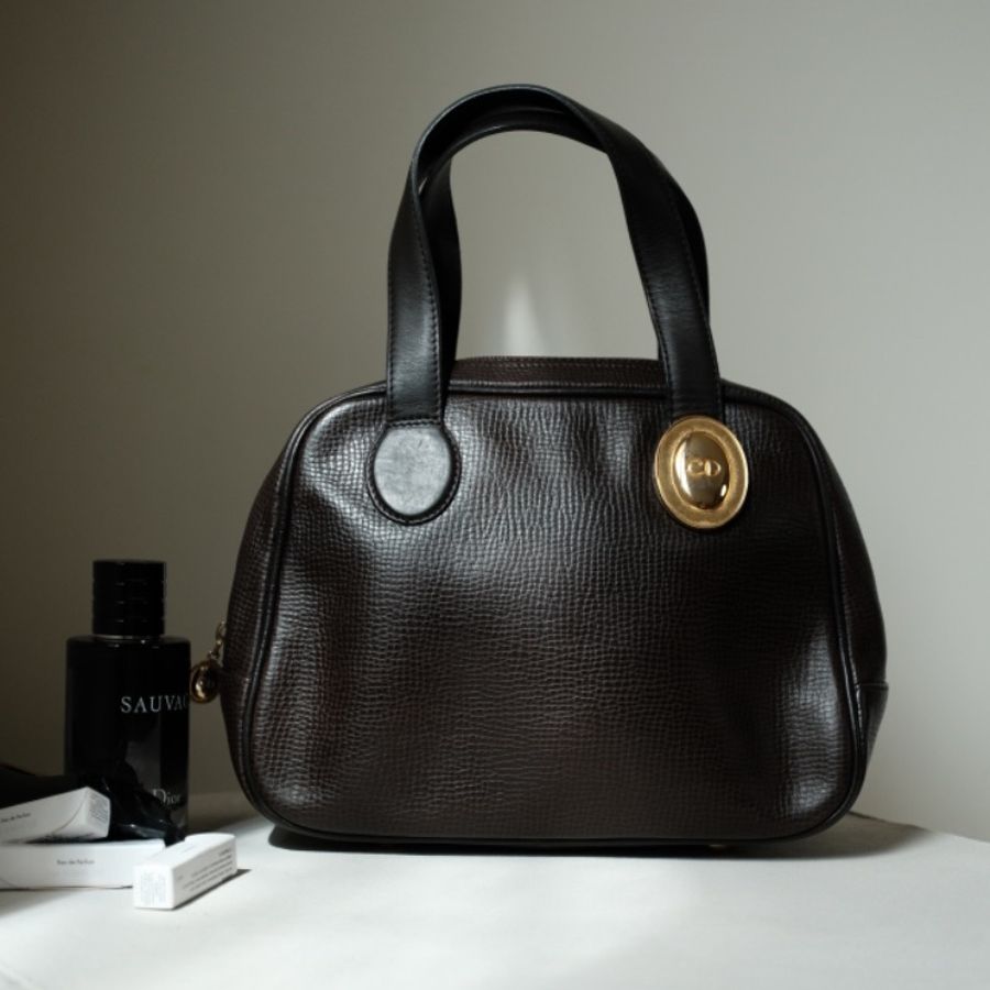 Dior Vintage 1980s 經典橢圓 CD 金標 蜥蜴壓紋皮革手提包-0