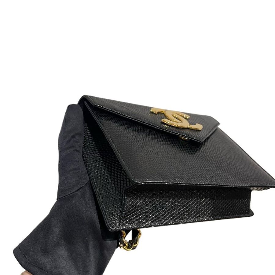 Chanel香奈兒的大雙C扣特殊皮黑金信封鏈條包-5