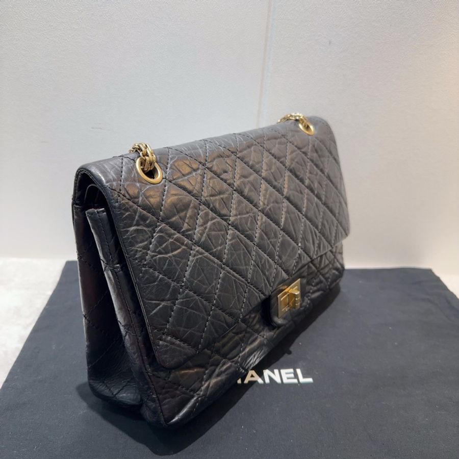 Chanel香奈兒2.55大號黑色鏈條包,經典菱格紋油蠟皮,金色五金配件-2