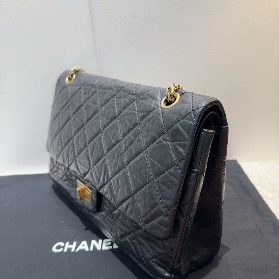Chanel香奈兒2.55大號黑色鏈條包,經典菱格紋油蠟皮,金色五金配件-3