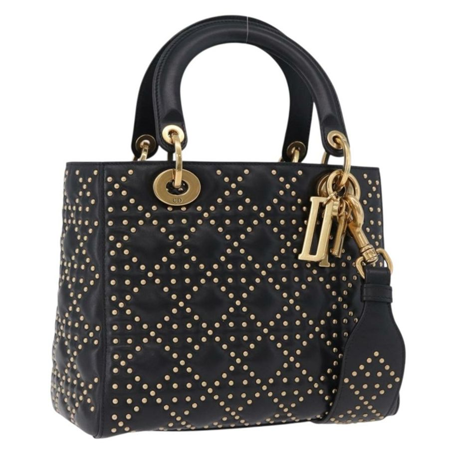 【日本直送】Christian Dior Lady Dior 鉚釘手提包 皮革 2way 黑色金色 Auth ki6712M-0