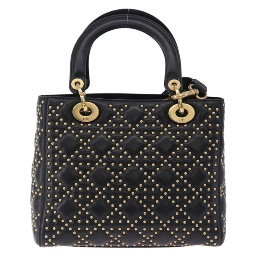 【日本直送】Christian Dior Lady Dior 鉚釘手提包 皮革 2way 黑色金色 Auth ki6712M-1