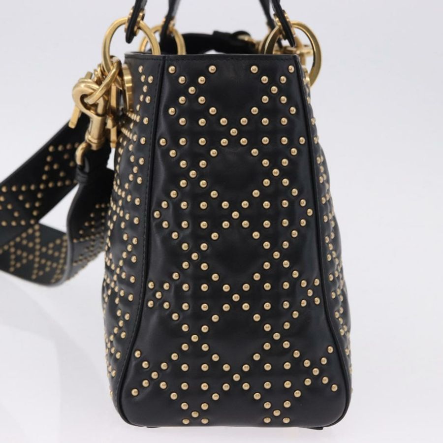 【日本直送】Christian Dior Lady Dior 鉚釘手提包 皮革 2way 黑色金色 Auth ki6712M-2