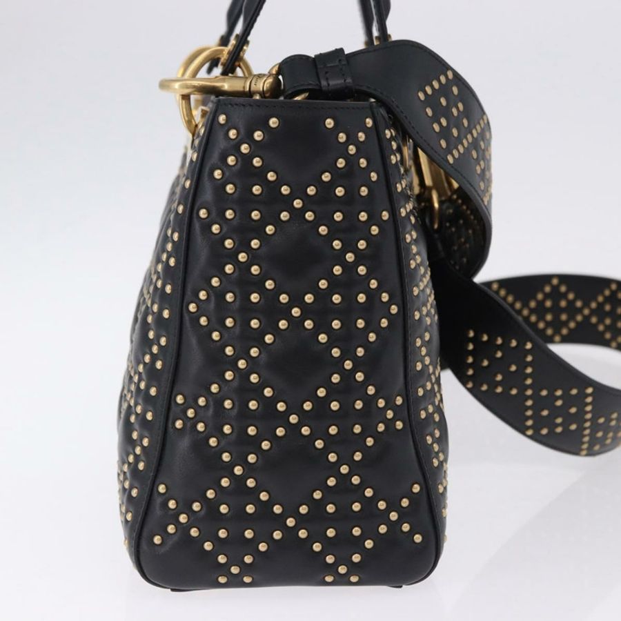 【日本直送】Christian Dior Lady Dior 鉚釘手提包 皮革 2way 黑色金色 Auth ki6712M-3