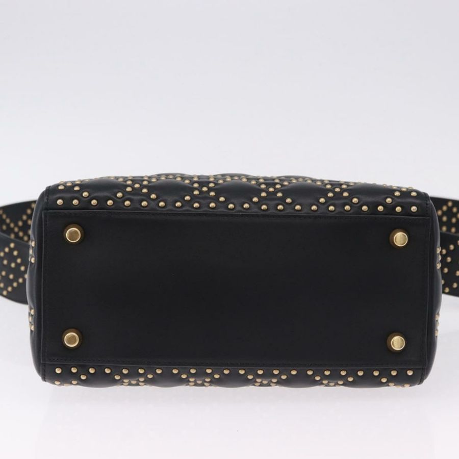 【日本直送】Christian Dior Lady Dior 鉚釘手提包 皮革 2way 黑色金色 Auth ki6712M-4