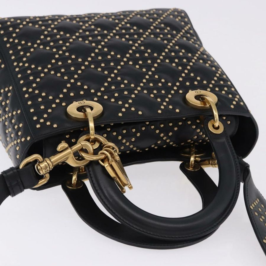 【日本直送】Christian Dior Lady Dior 鉚釘手提包 皮革 2way 黑色金色 Auth ki6712M-5