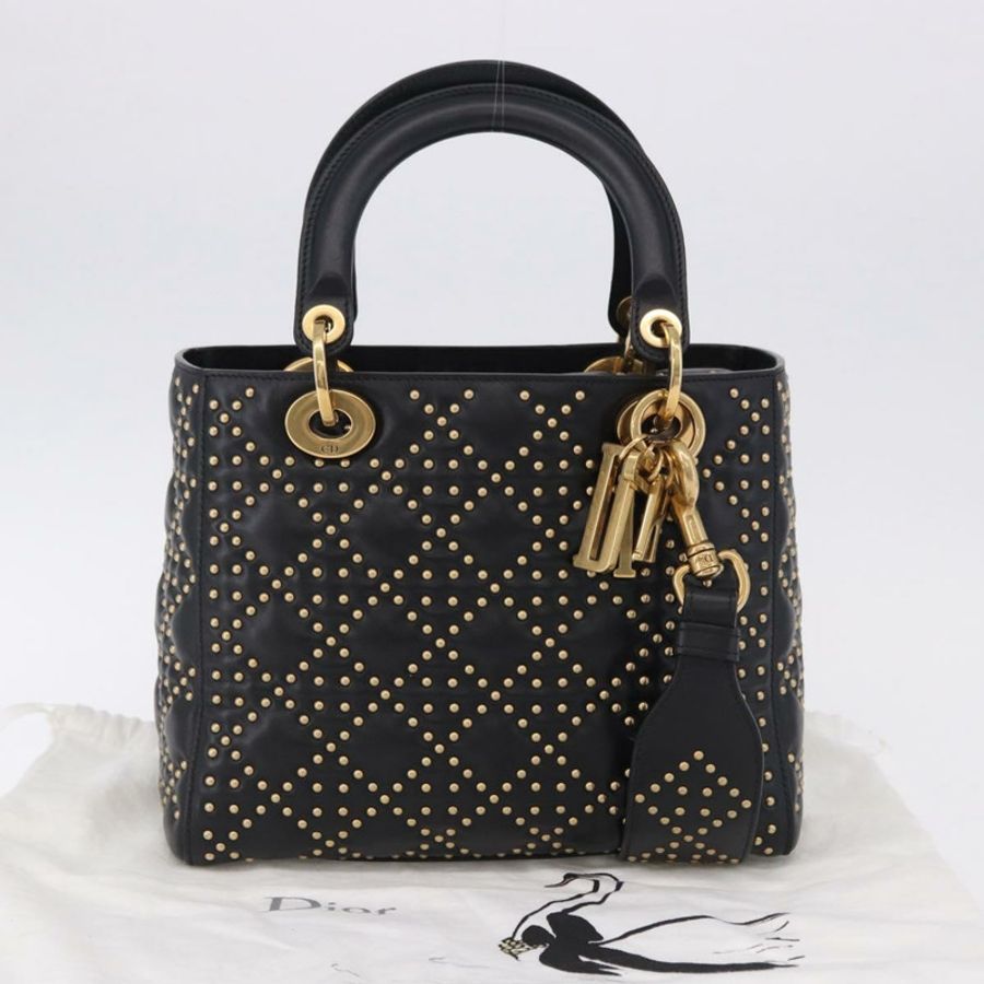 【日本直送】Christian Dior Lady Dior 鉚釘手提包 皮革 2way 黑色金色 Auth ki6712M-11