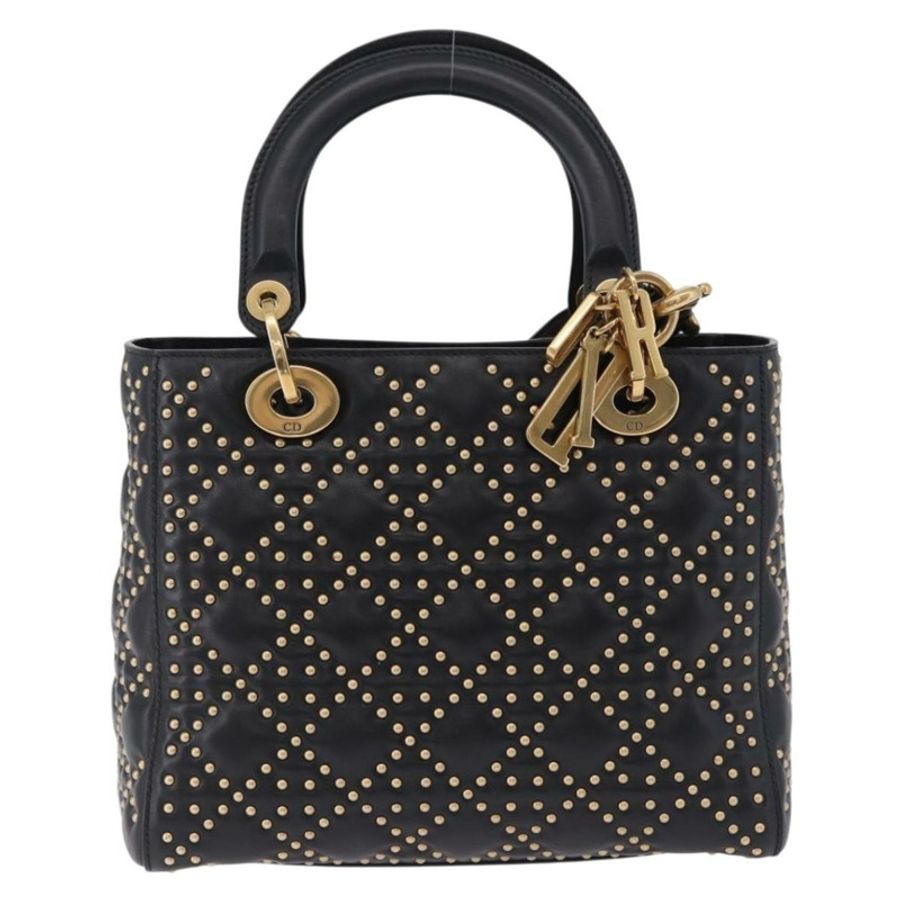 【日本直送】Christian Dior Lady Dior 鉚釘手提包 皮革 2way 黑色金色 Auth ki6712M-12
