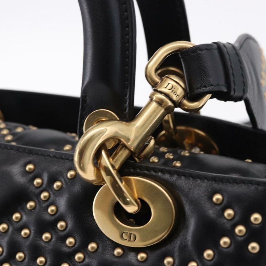 【日本直送】Christian Dior Lady Dior 鉚釘手提包 皮革 2way 黑色金色 Auth ki6712M-18