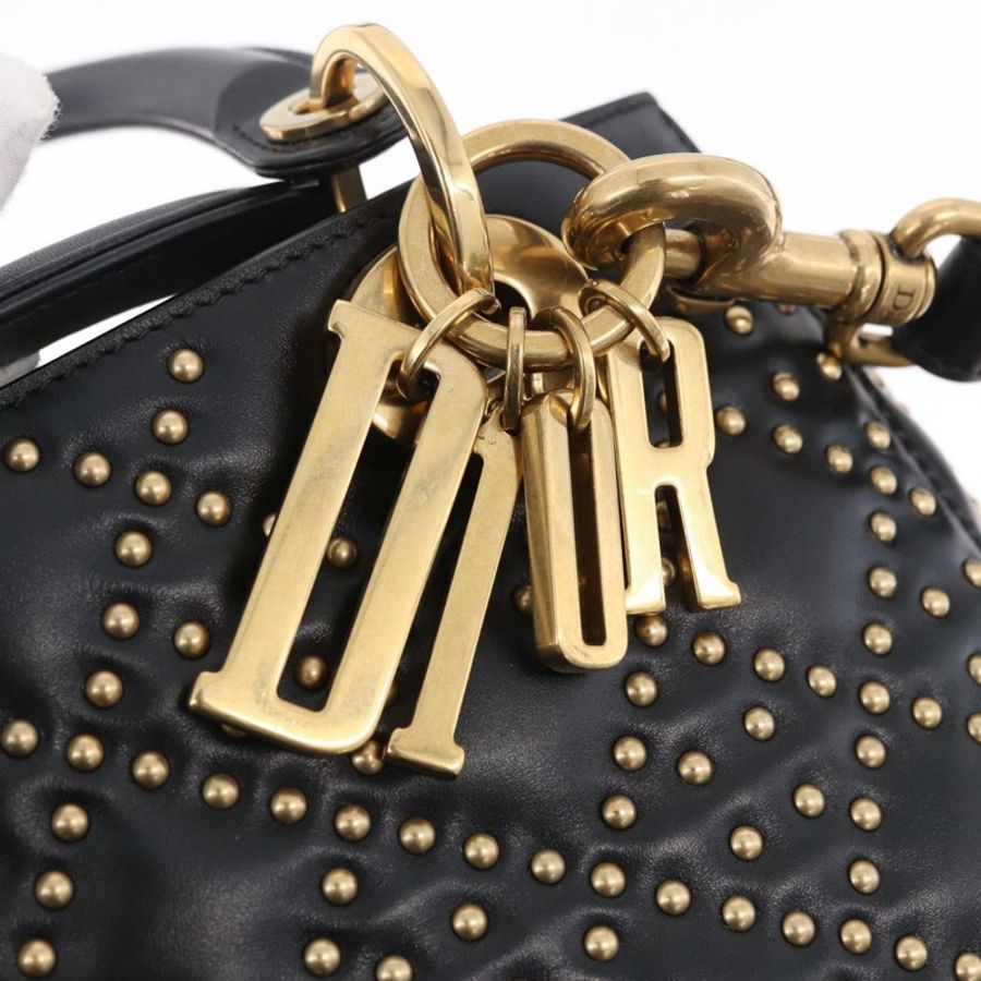 【日本直送】Christian Dior Lady Dior 鉚釘手提包 皮革 2way 黑色金色 Auth ki6712M-19