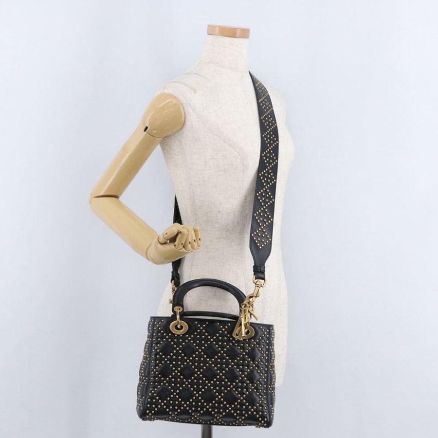 【日本直送】Christian Dior Lady Dior 鉚釘手提包 皮革 2way 黑色金色 Auth ki6712M-27