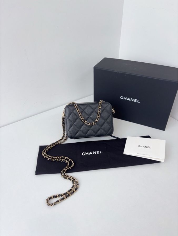 99新閒置Chanel 香奈兒 晶片款 trendy cc mini黑金荔枝皮 盒子相機包 15*11*6-3