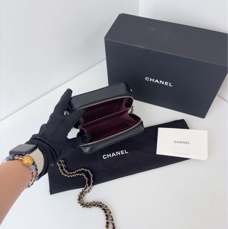 99新閒置Chanel 香奈兒 晶片款 trendy cc mini黑金荔枝皮 盒子相機包 15*11*6-9