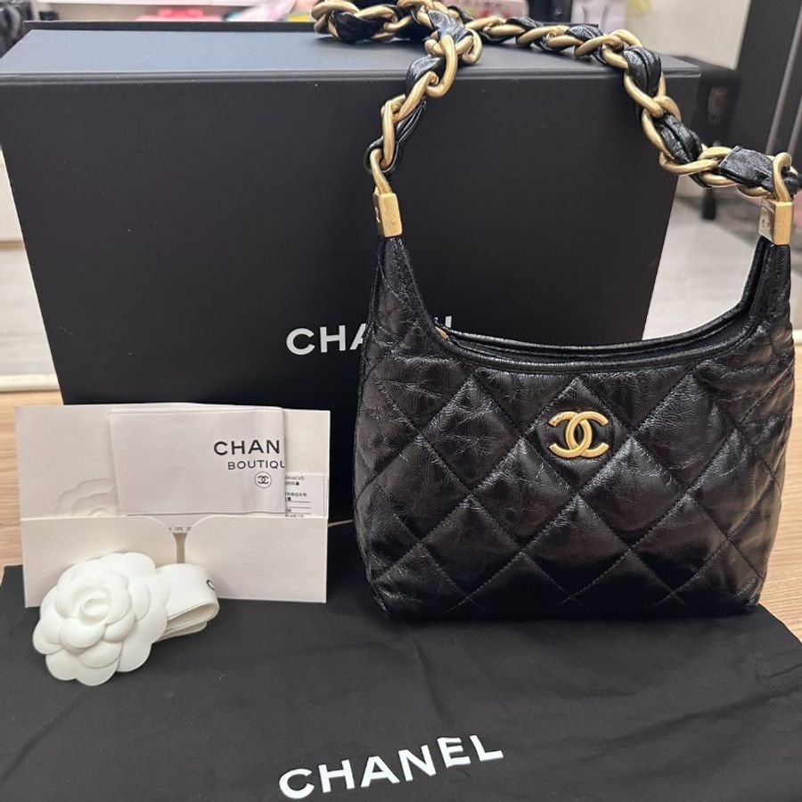 Chanel 香奈兒 黑金亮面牛皮 粗鍊HOBO 腋下包 單肩包 有購證 晶片款 AS4922-0
