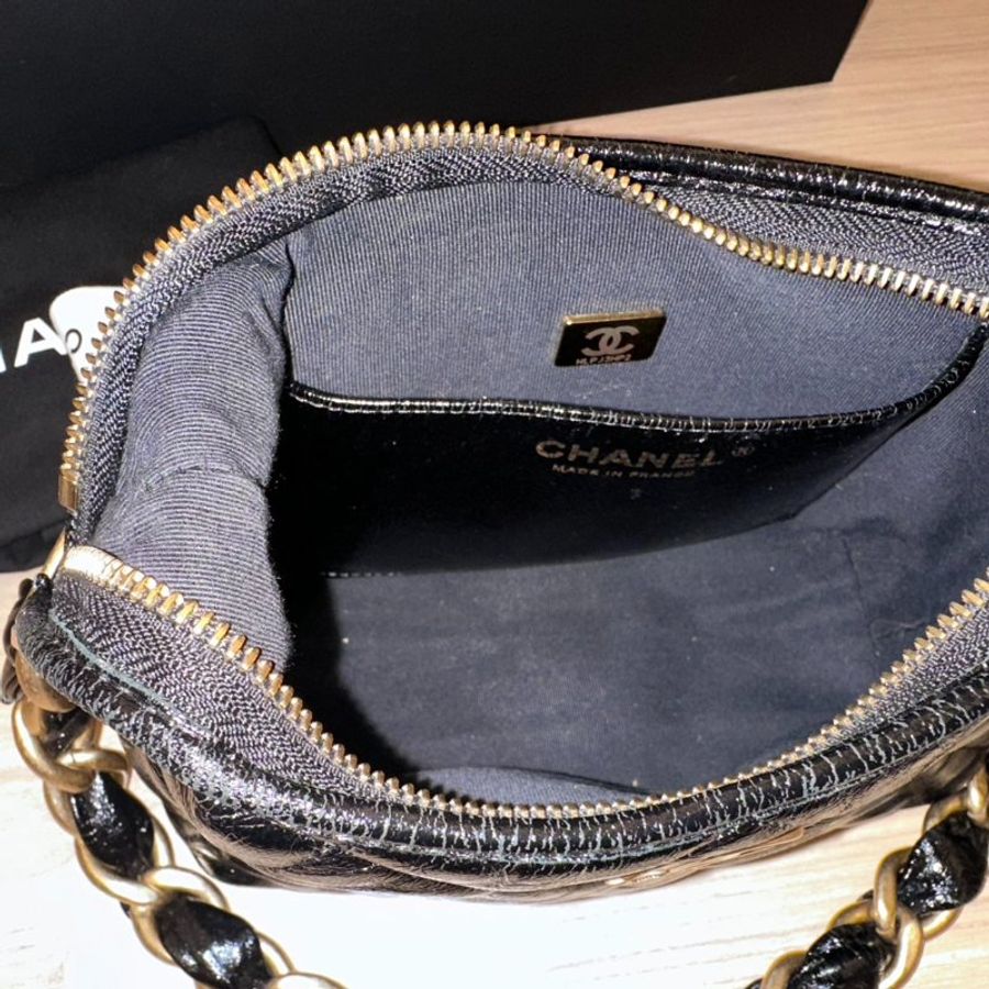 Chanel 香奈兒 黑金亮面牛皮 粗鍊HOBO 腋下包 單肩包 有購證 晶片款 AS4922-6
