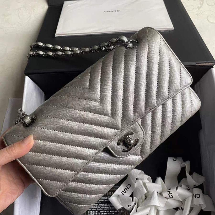 Chanel • 經典太空銀山形紋荔枝牛皮Cf 25 中號 全配-3