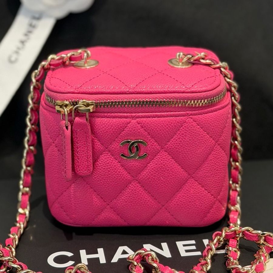 Chanel香奈兒23S 粉色荔枝皮mini 盒子包化妝包單肩斜挎包 鏡子膜在 23年芯片款-0