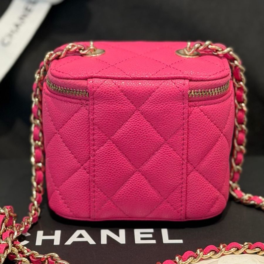 Chanel香奈兒23S 粉色荔枝皮mini 盒子包化妝包單肩斜挎包 鏡子膜在 23年芯片款-1