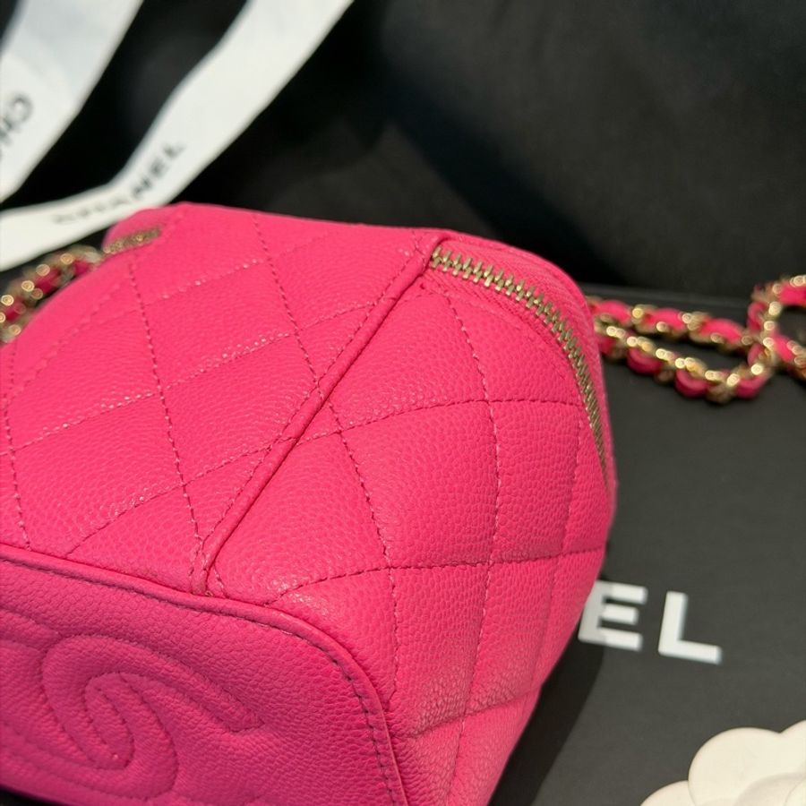 Chanel香奈兒23S 粉色荔枝皮mini 盒子包化妝包單肩斜挎包 鏡子膜在 23年芯片款-5